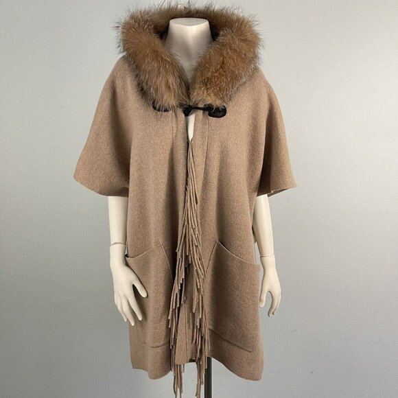 Mitchie's 100%Wool Hooded Poncho Cape Fox Fur Trim Beige Tan Coat - Picture 1 of 16